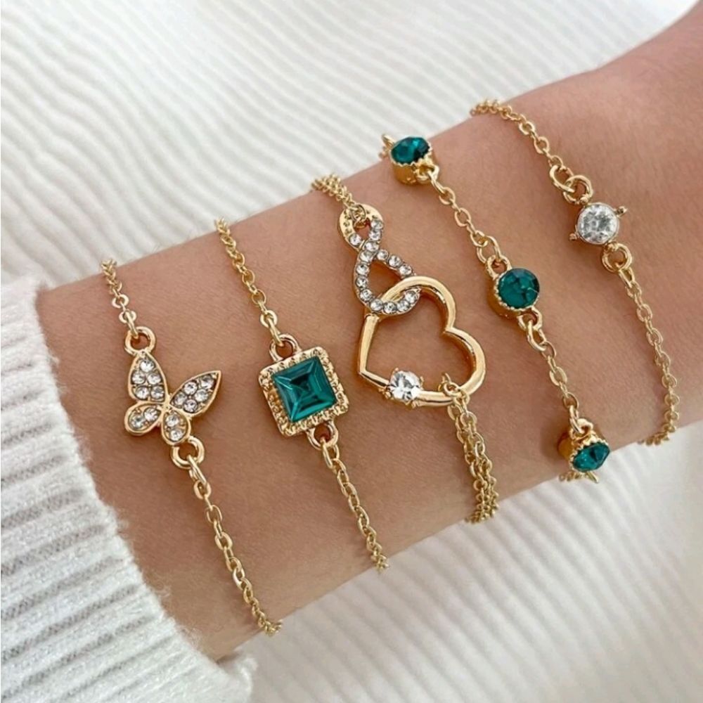 3 for $26 - 5 Piece Retro Style Rhinestone Green  Stone Bracelet Set